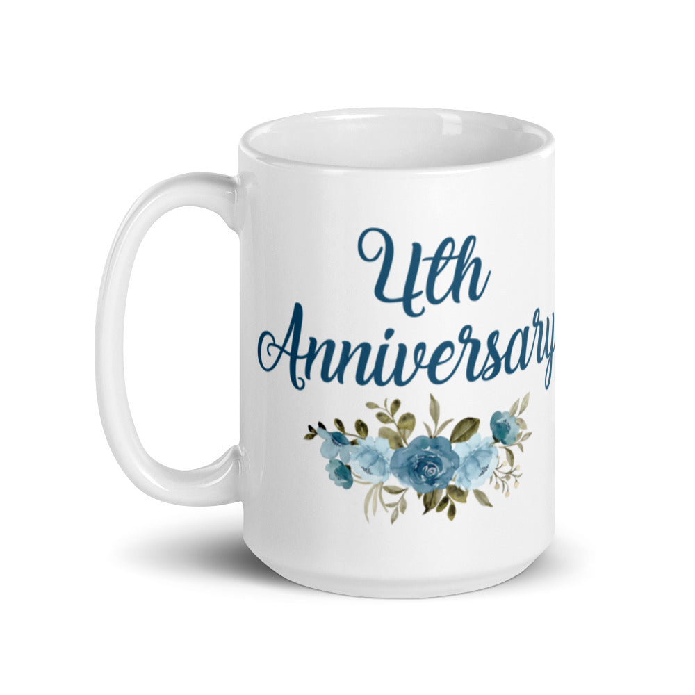 4th Anniversary in White with Flowers - White glossy mug