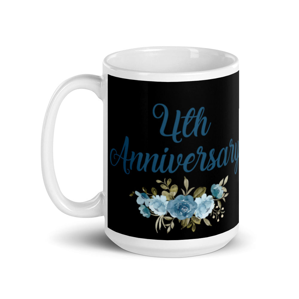 4th Anniversary in Black with Flowers - White glossy mug