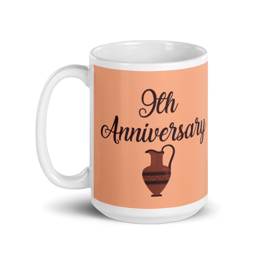 9th Anniversary in White, Brown & Terracotta - White glossy mug