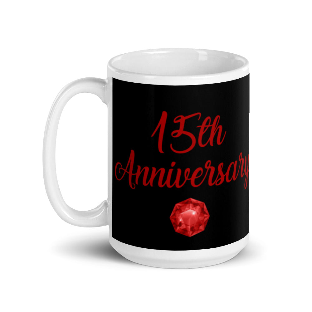 15th Anniversary in Black & Ruby - White glossy mug