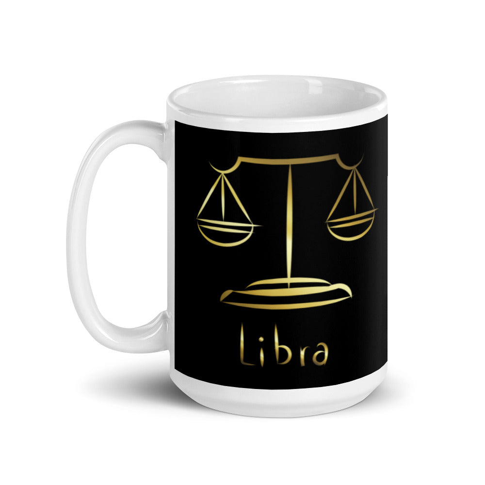 Libra Zodiac Sign in Black & Gold - White glossy mug