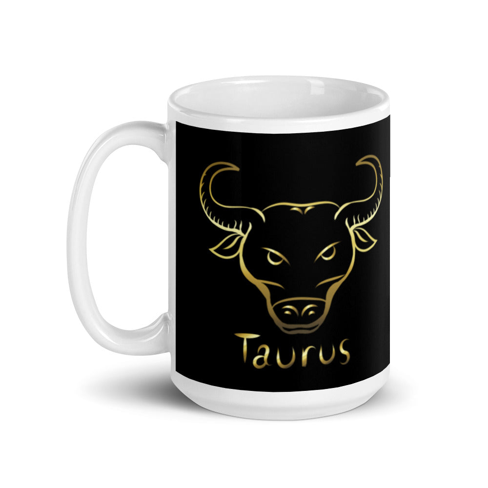Taurus Zodiac Sign in Black & Gold - White glossy mug