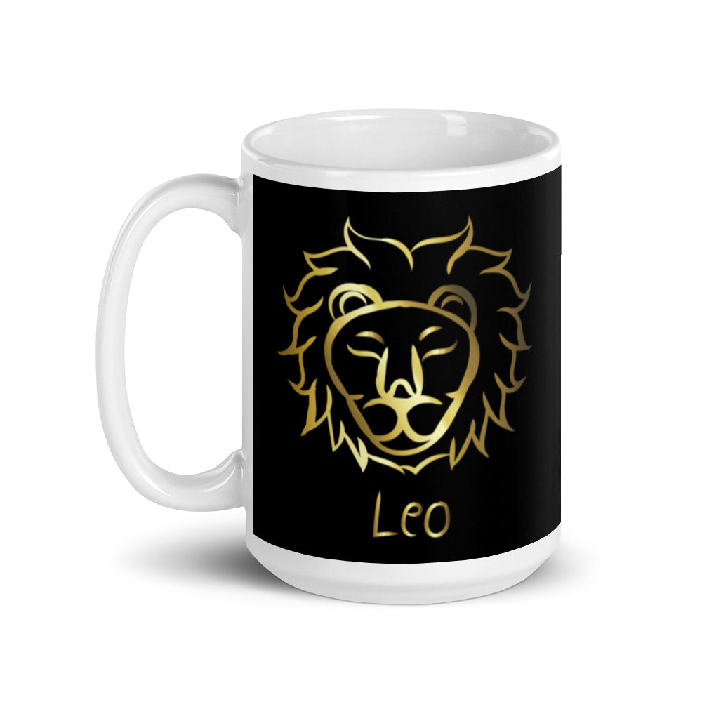 Leo Zodiac Sign in Black & Gold - White glossy mug