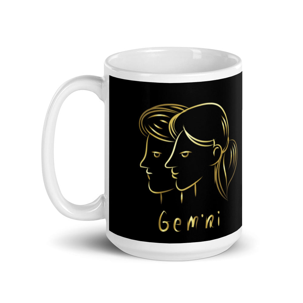 Gemini Zodiac Sign in Black & Gold - White glossy mug