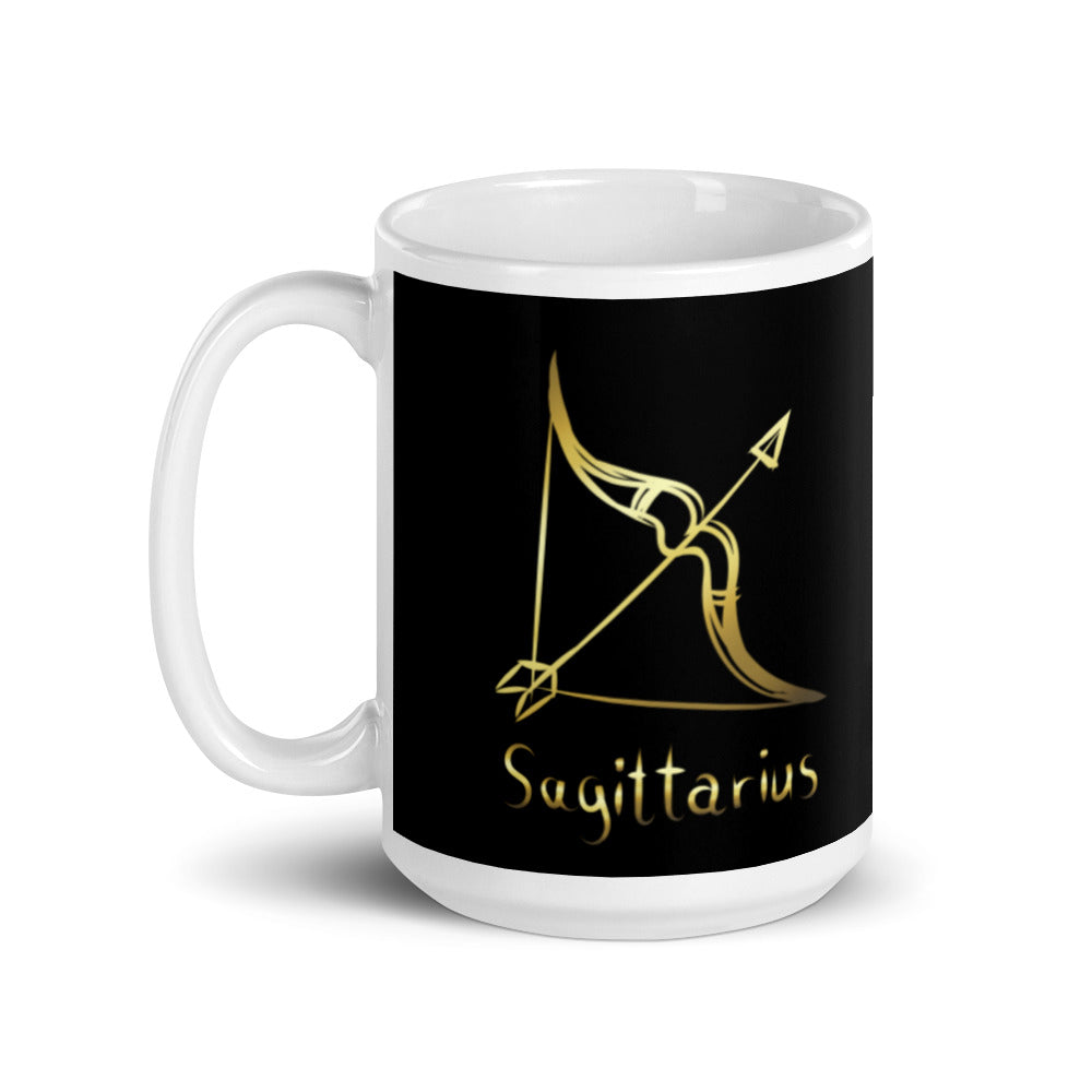 Sagittarius Zodiac Sign in Black & Gold - White glossy mug