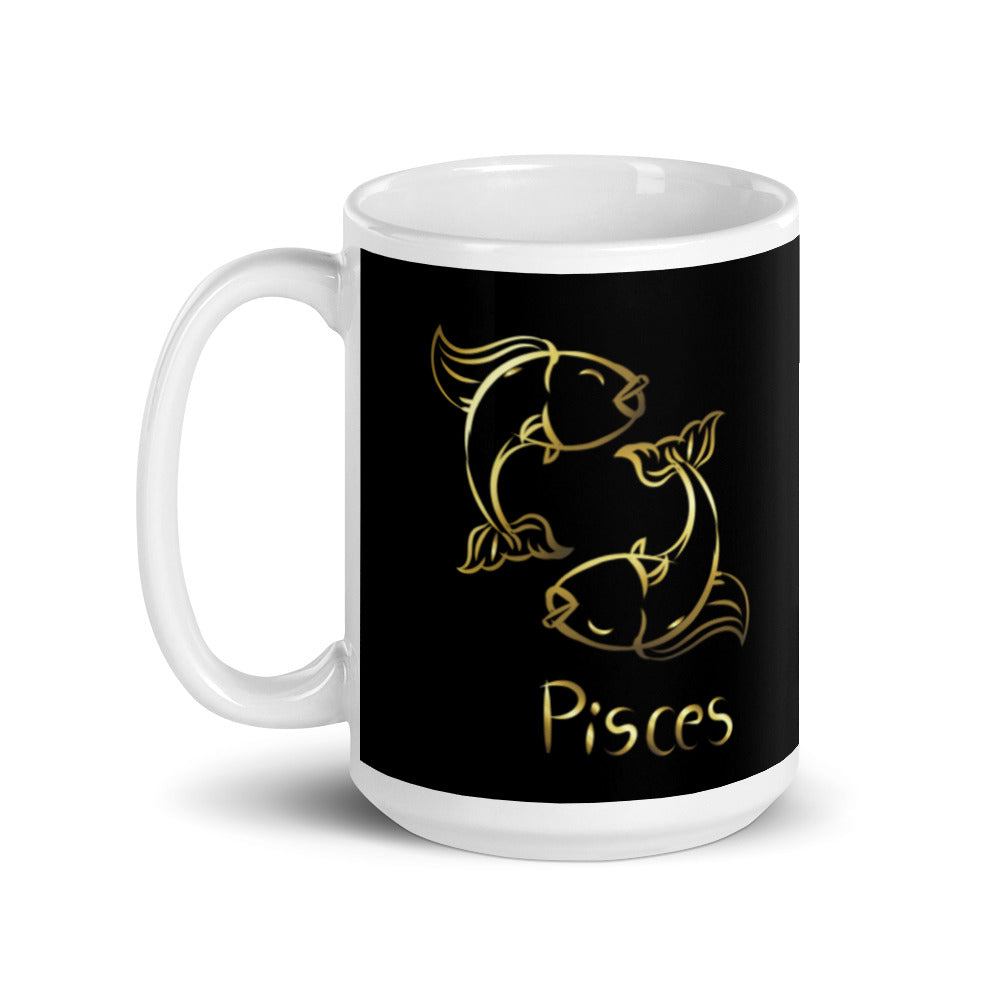 Pisces Zodiac Sign in Black & Gold - White glossy mug