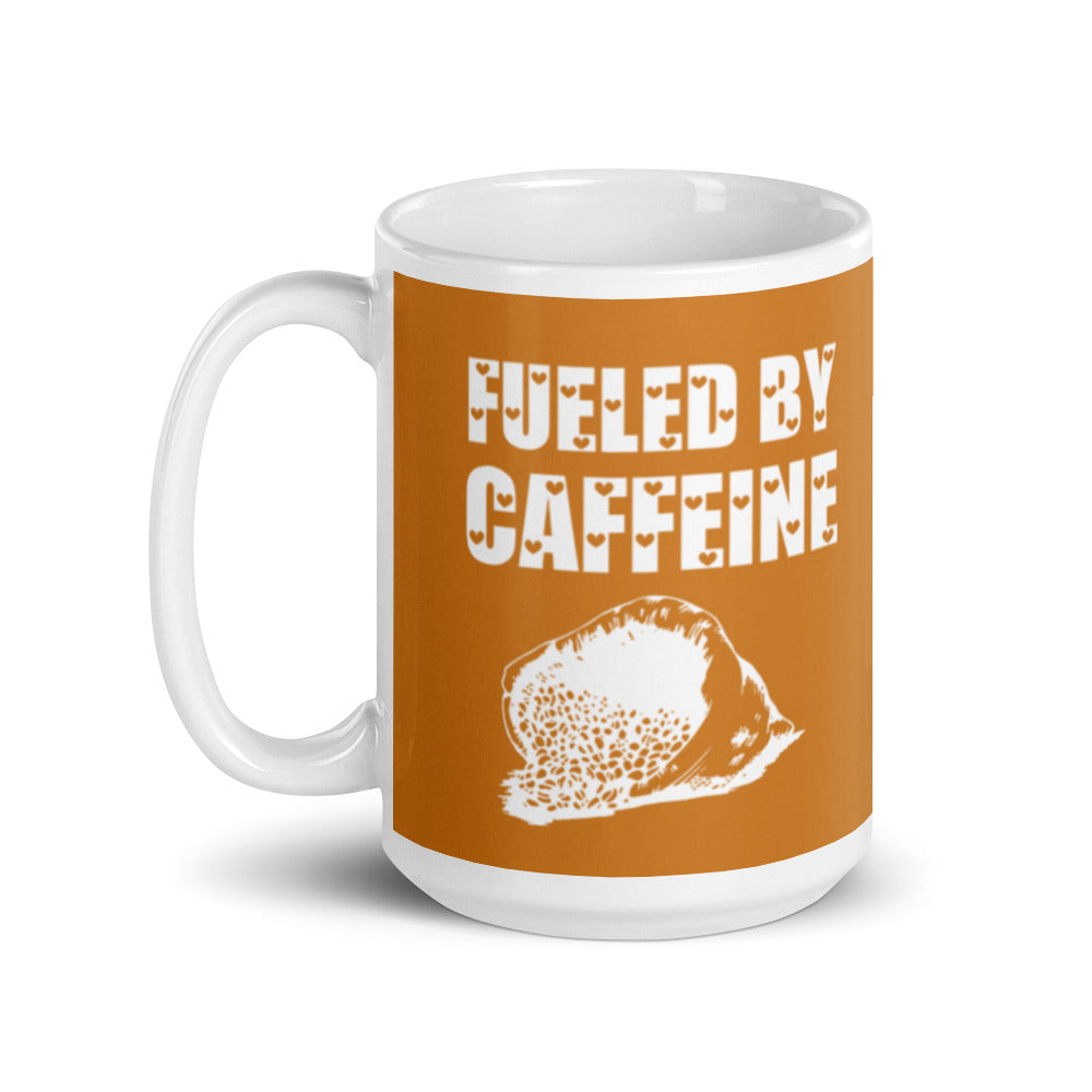 Fueled By Caffeine (Bronze) White glossy mug