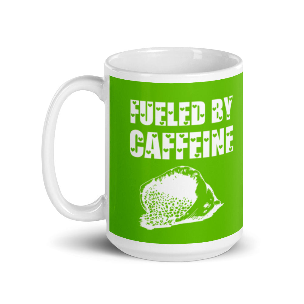 Fueled by Caffeine (Green) White glossy mug