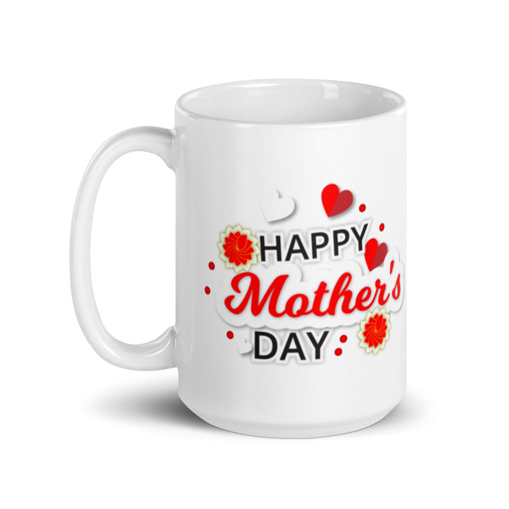 Happy Mothers Day with Red & White Hearts - White glossy mug