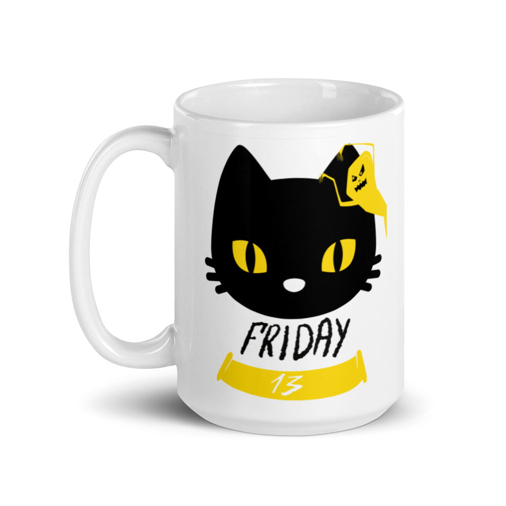 Friday the 13th Black Cat with Ghost - White glossy mug