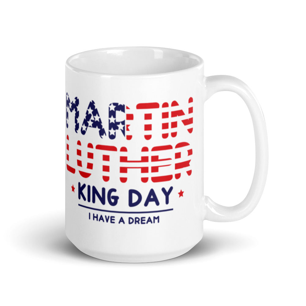 Martin Luther King Day - MLK in Flag -White glossy mug