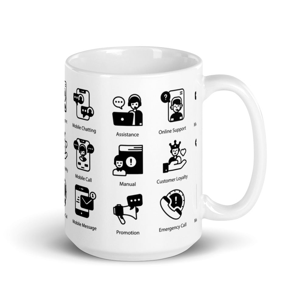 Customer Support Icons in Black - White glossy mug - Get to Know your Customer Day