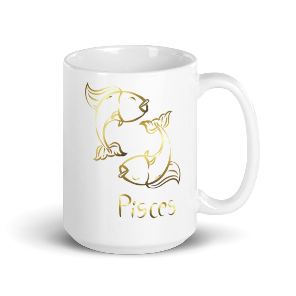 Pisces Zodiac Sign in White & Gold  - White glossy mug