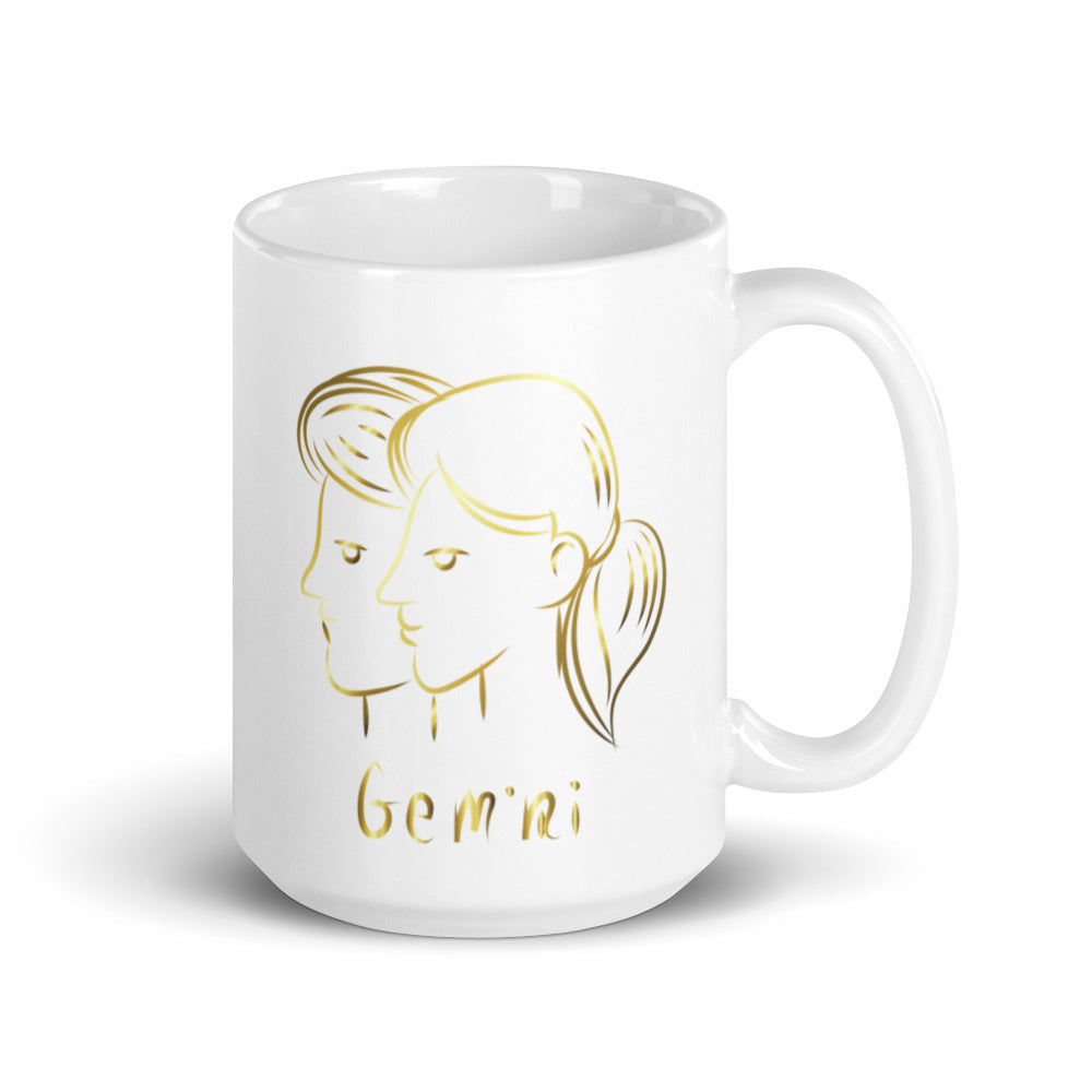 Gemini Zodiac Sign In White & Gold - White glossy mug