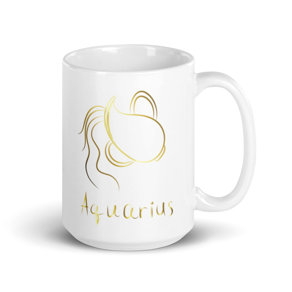 Aquarius Zodiac Sign in White & Gold - White glossy mug