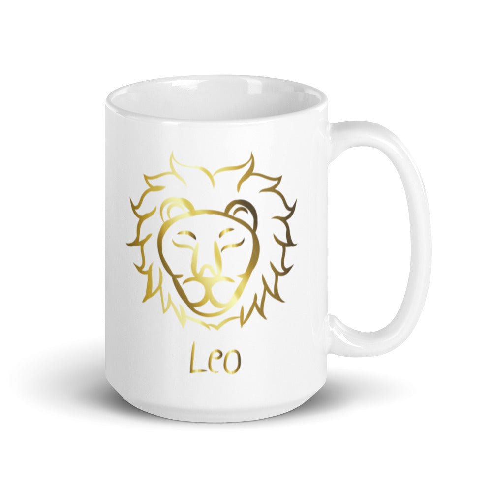 Leo Zodiac Sign in White & Gold - White glossy mug