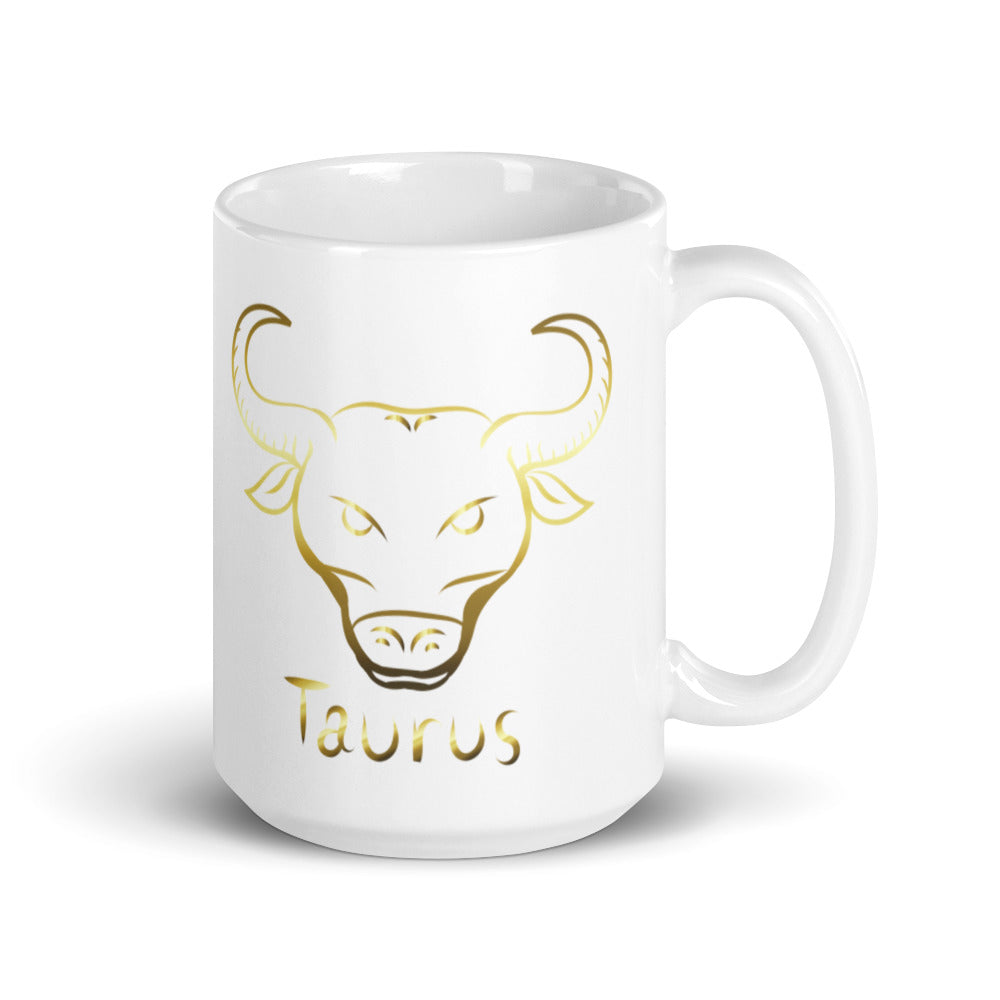 Taurus Zodiac Sign in White & Gold - White glossy mug