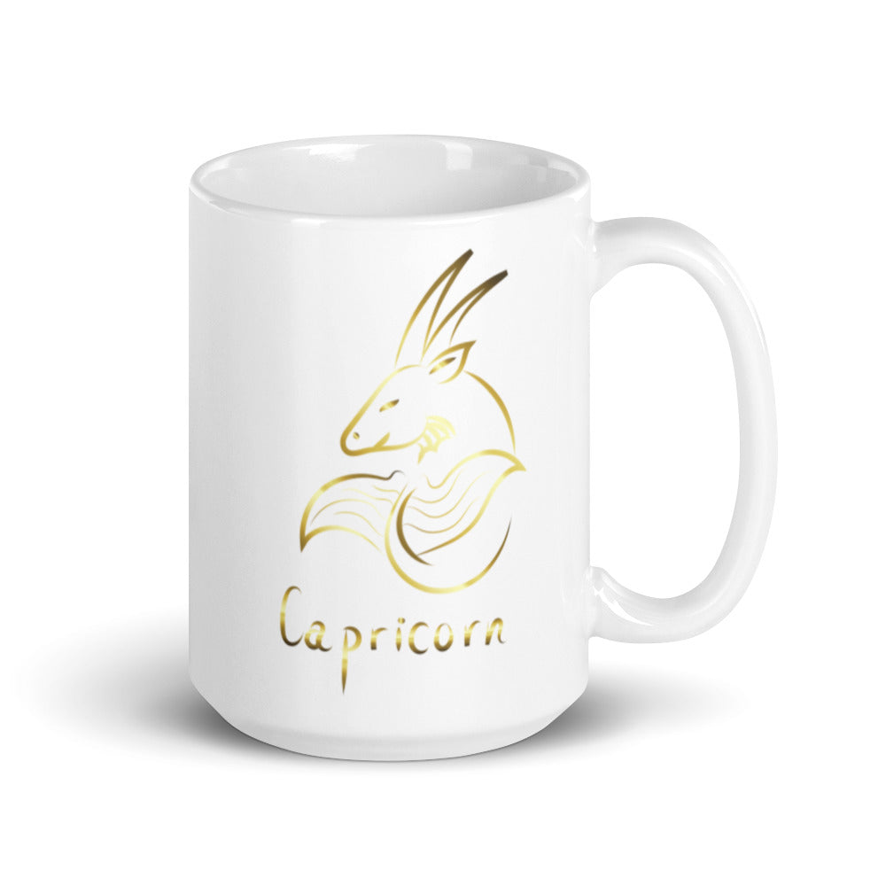 Capricorn Zodiac Sign in White & Gold - White glossy mug