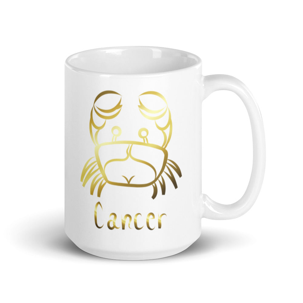 Cancer Zodiac Sign in White & Gold - White glossy mug