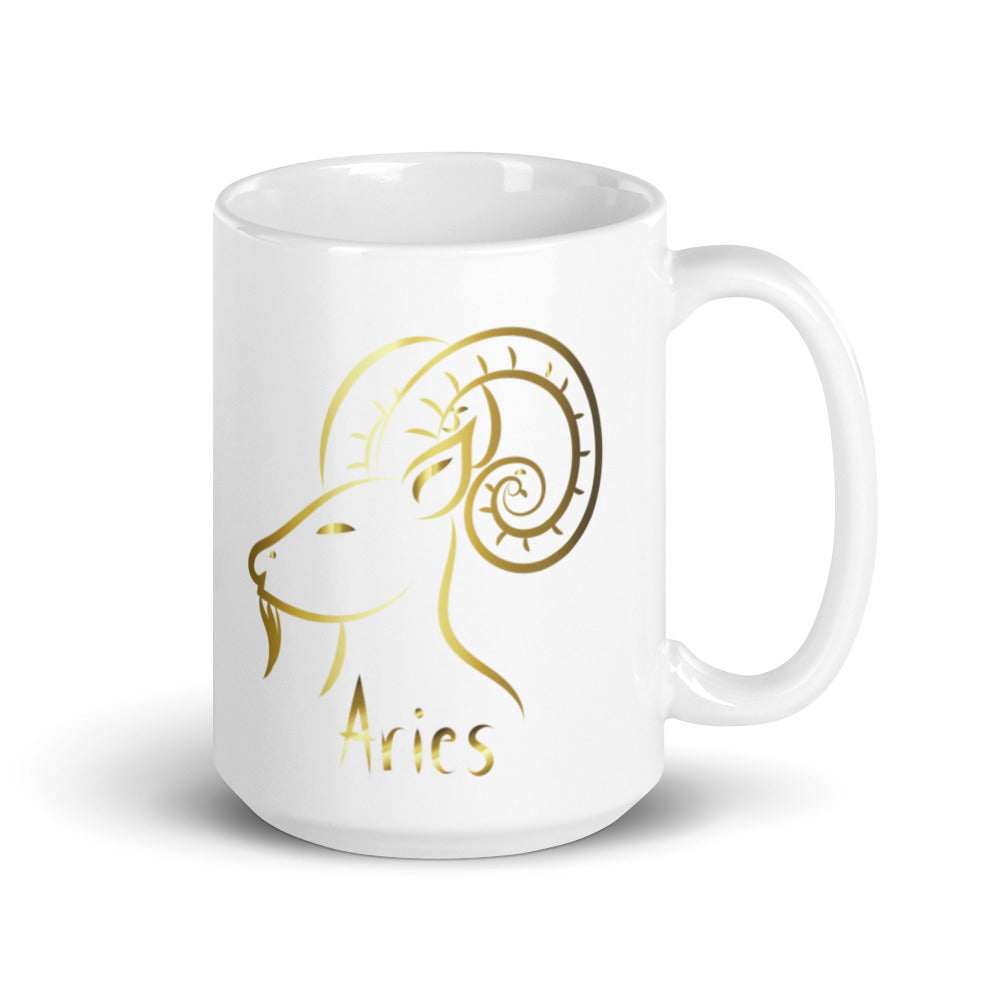 Aries Zodiac Sign in White & Gold - White glossy mug