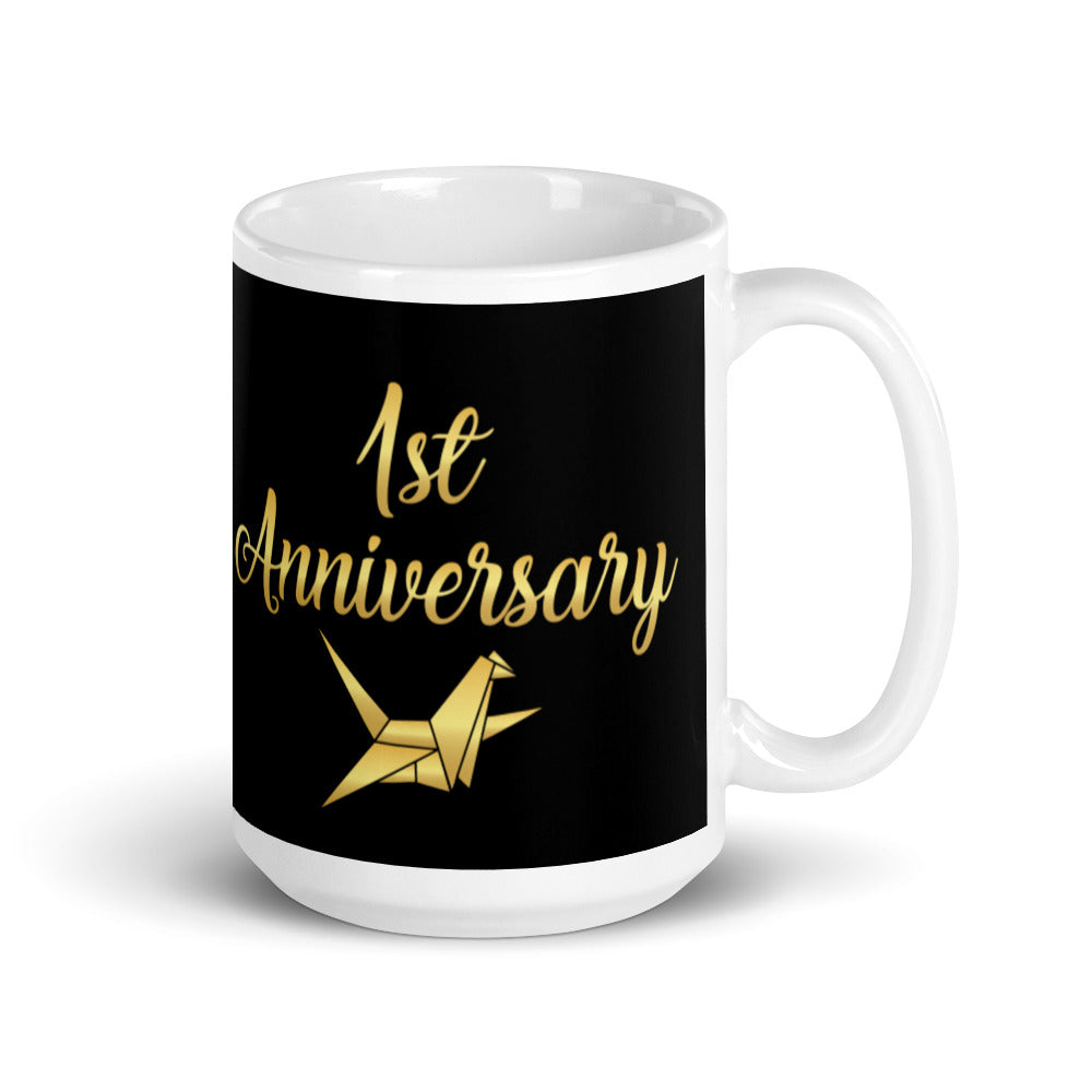 1st Anniversary in Black & Gold - White glossy mug