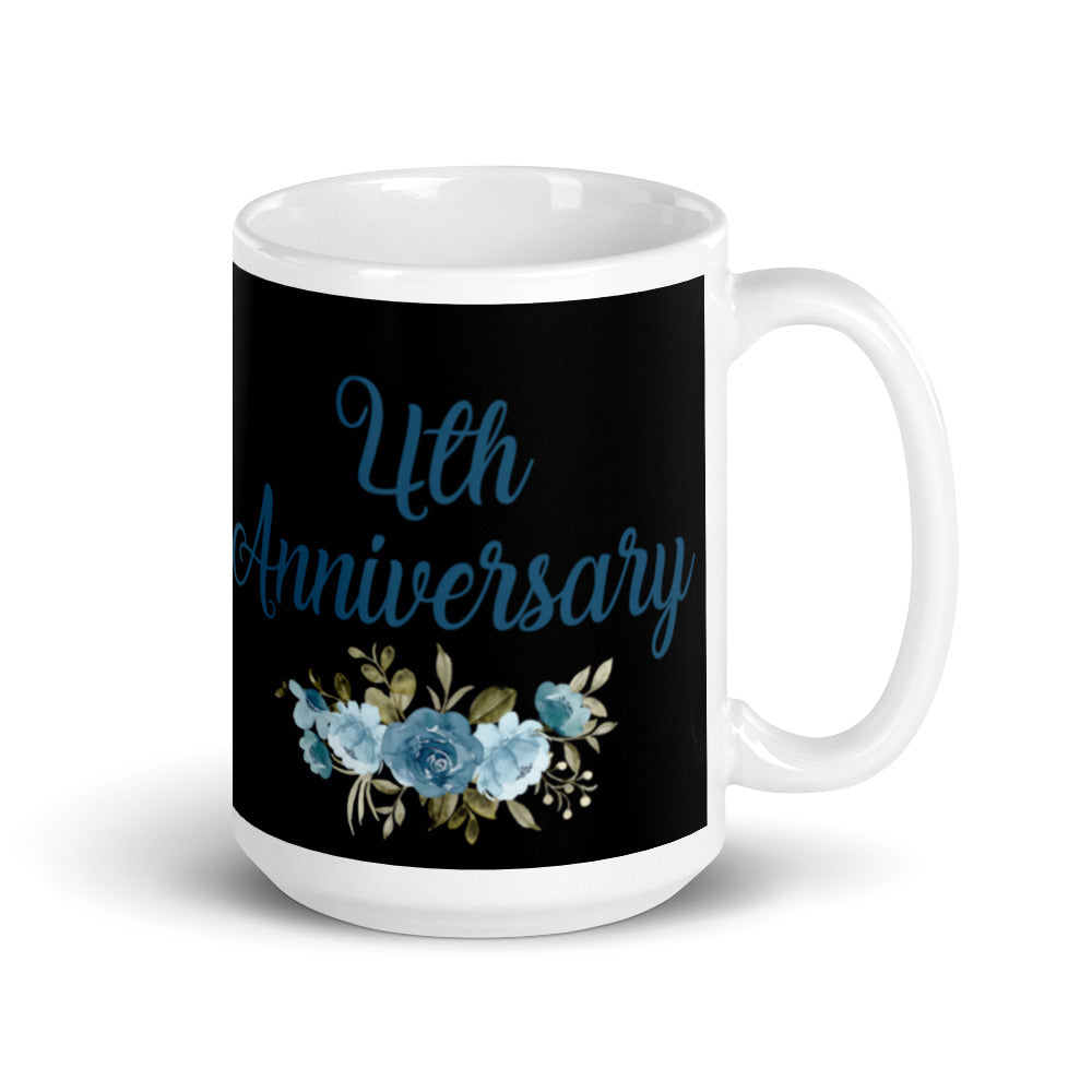 4th Anniversary in Black with Flowers - White glossy mug