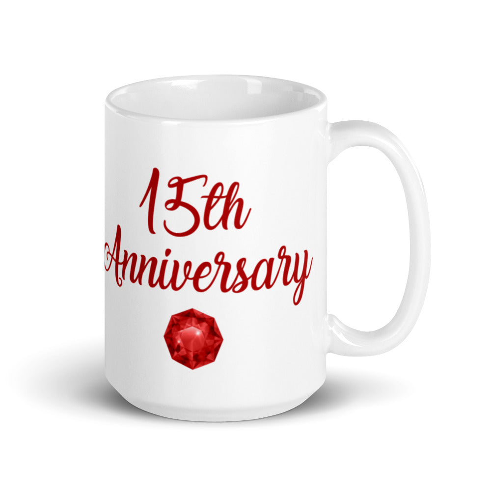 15th Anniversary in Ruby & White - White glossy mug