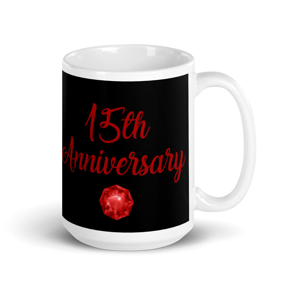 15th Anniversary in Black & Ruby - White glossy mug