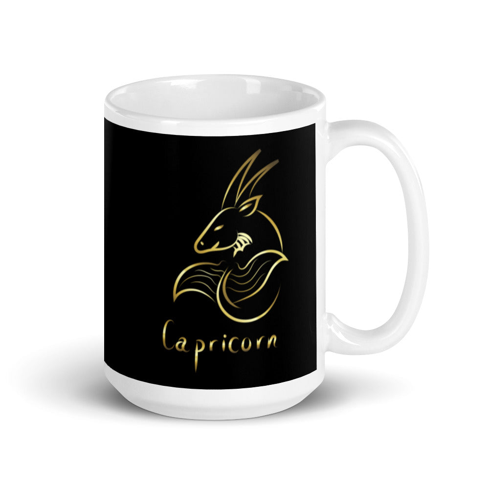 Capricorn Zodiac Sign in Black & Gold - White glossy mug