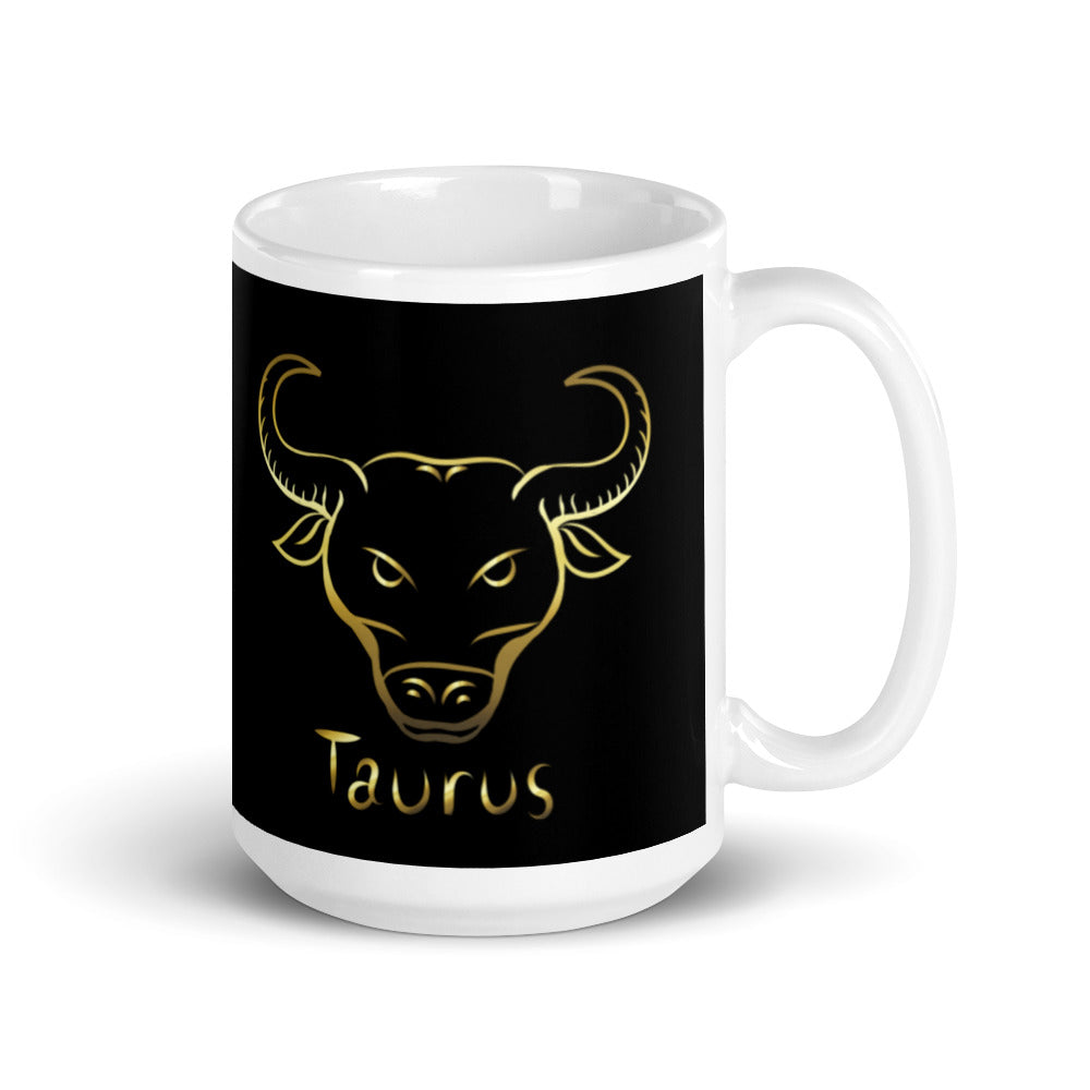 Taurus Zodiac Sign in Black & Gold - White glossy mug