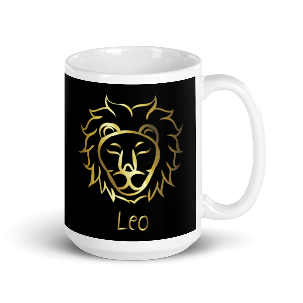 Leo Zodiac Sign in Black & Gold - White glossy mug