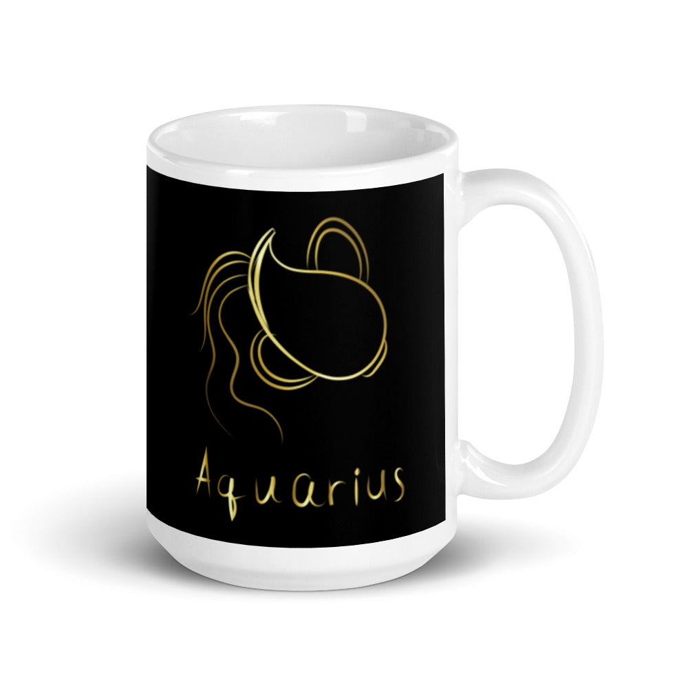 Aquarius Zodiac Sign in Black & Gold - White glossy mug