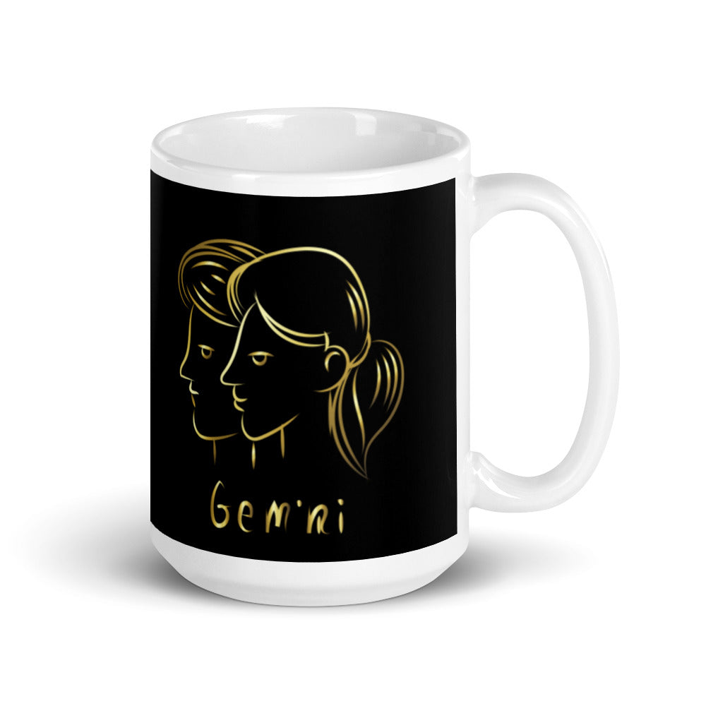 Gemini Zodiac Sign in Black & Gold - White glossy mug