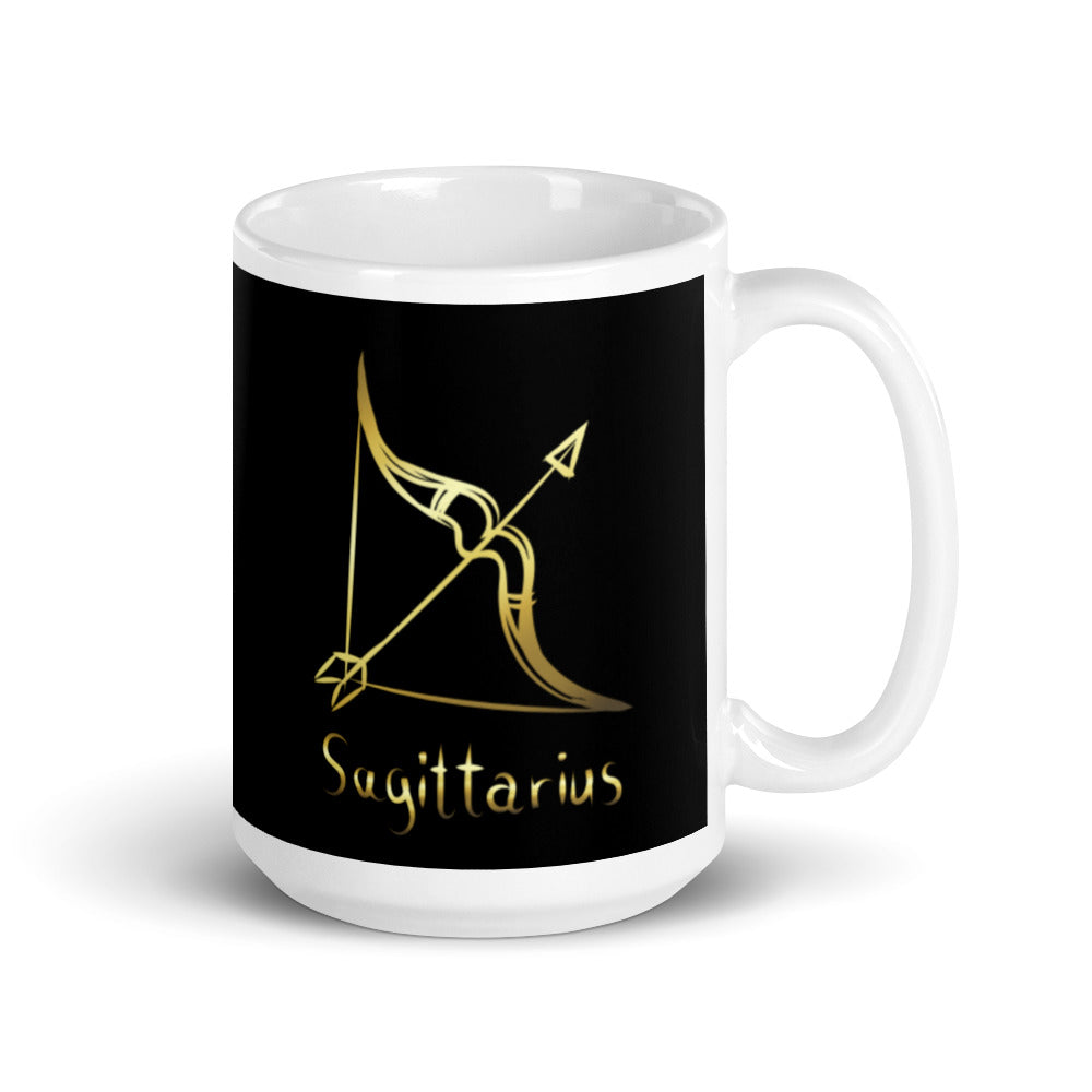 Sagittarius Zodiac Sign in Black & Gold - White glossy mug