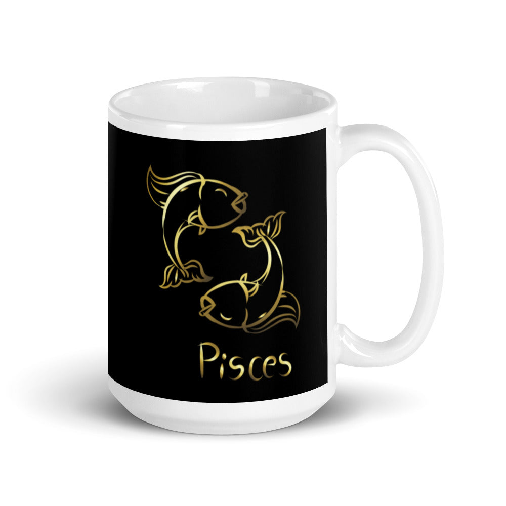 Pisces Zodiac Sign in Black & Gold - White glossy mug