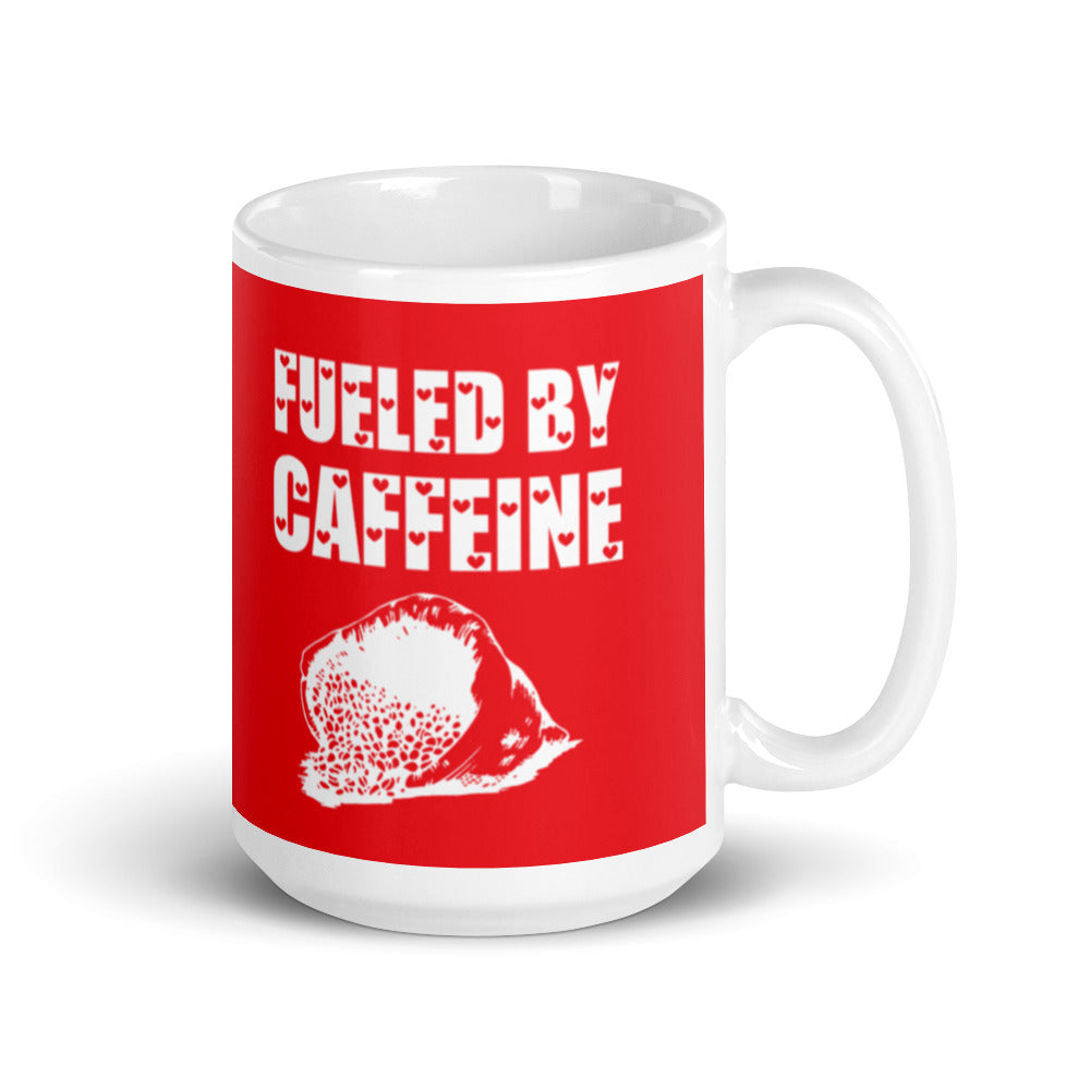 Fueled by Caffeine (Red) White glossy mug