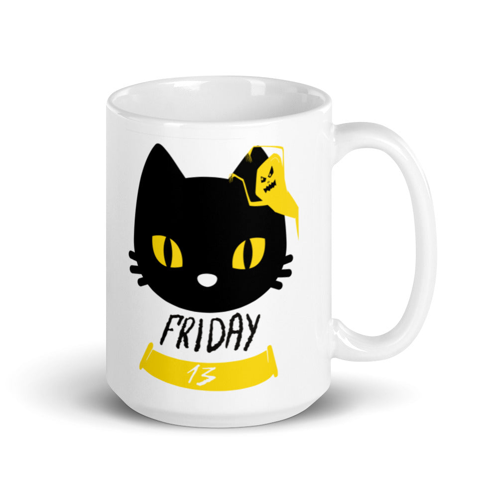 Friday the 13th Black Cat with Ghost - White glossy mug